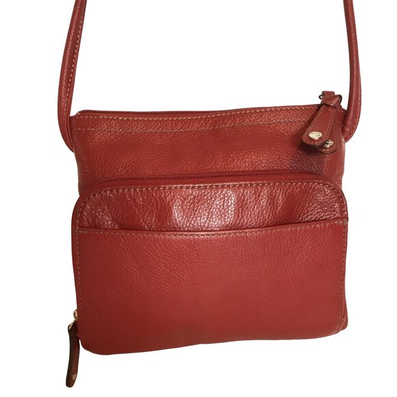 Tignanello Red Leather Crossbody Bag With Pockets & Zippers - Picture 3 of 9